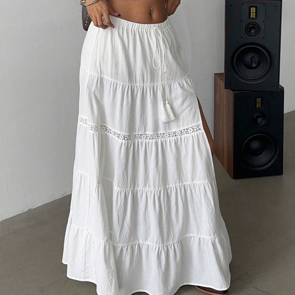 Boho Stretchy Waist lace Insert Split Thigh Maxi Skirt - Picture 8 of 11